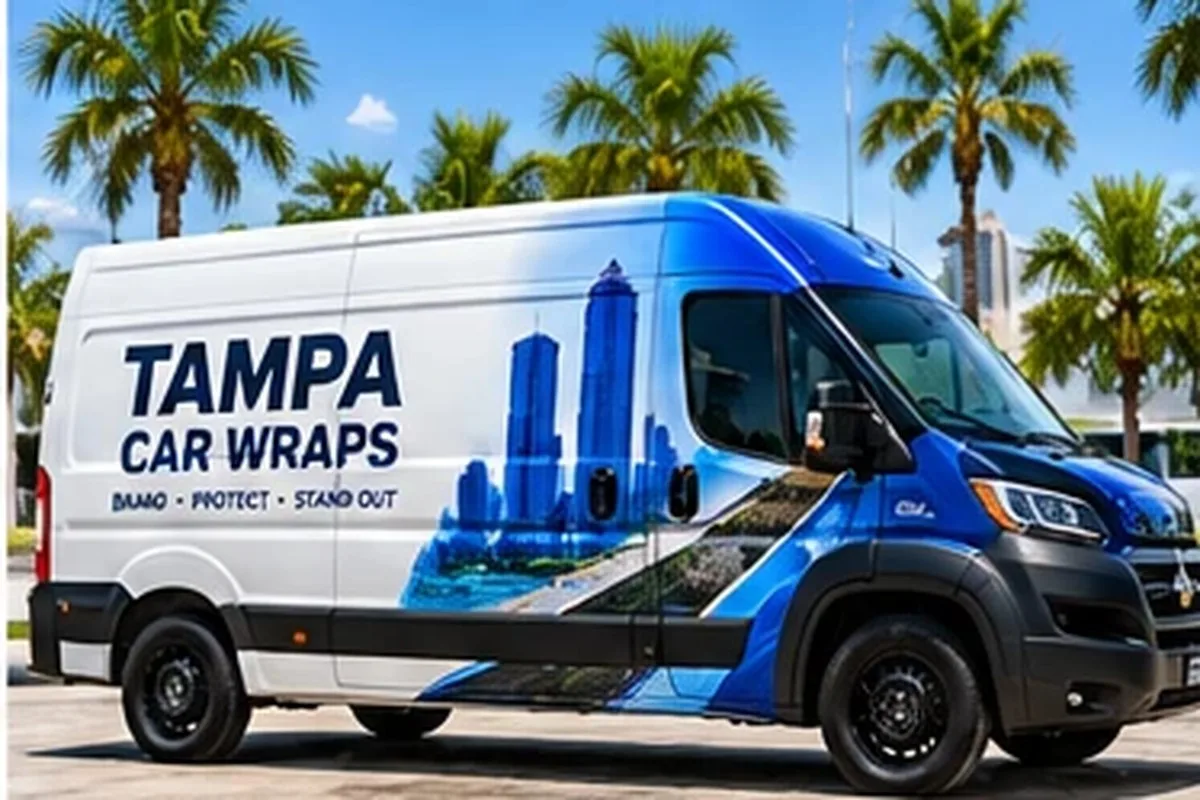 White cargo van with blue Vehicle Wraps Tampa fleet graphics